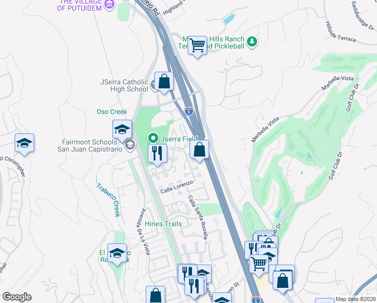 map of restaurants, bars, coffee shops, grocery stores, and more near 26645 Paseo Ensenada in San Juan Capistrano