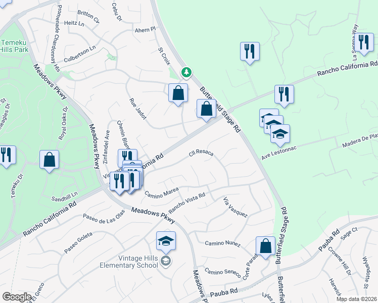 map of restaurants, bars, coffee shops, grocery stores, and more near 41510 Corte Pergamino in Temecula