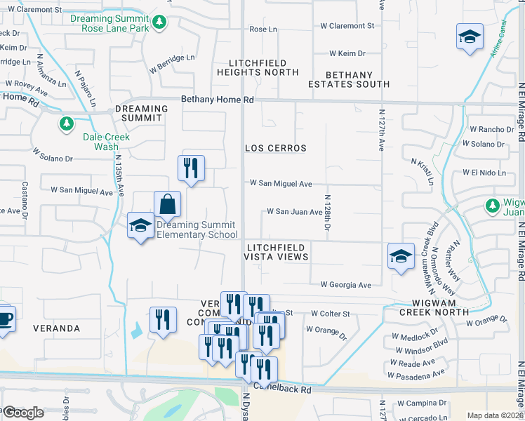 map of restaurants, bars, coffee shops, grocery stores, and more near 18014 West San Juan Avenue in Litchfield Park