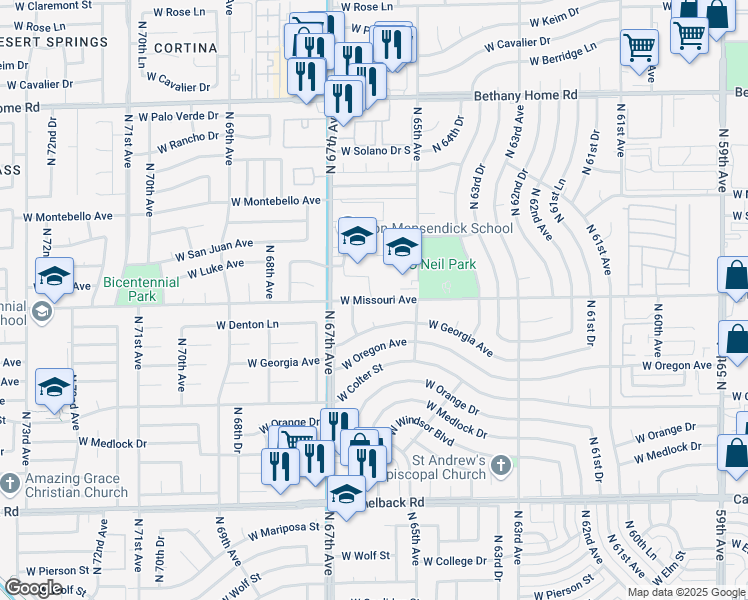 map of restaurants, bars, coffee shops, grocery stores, and more near 6600 West Missouri Avenue in Glendale