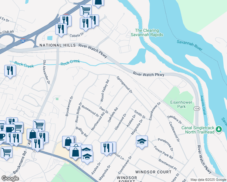 map of restaurants, bars, coffee shops, grocery stores, and more near 1215 Northwood Road in Augusta
