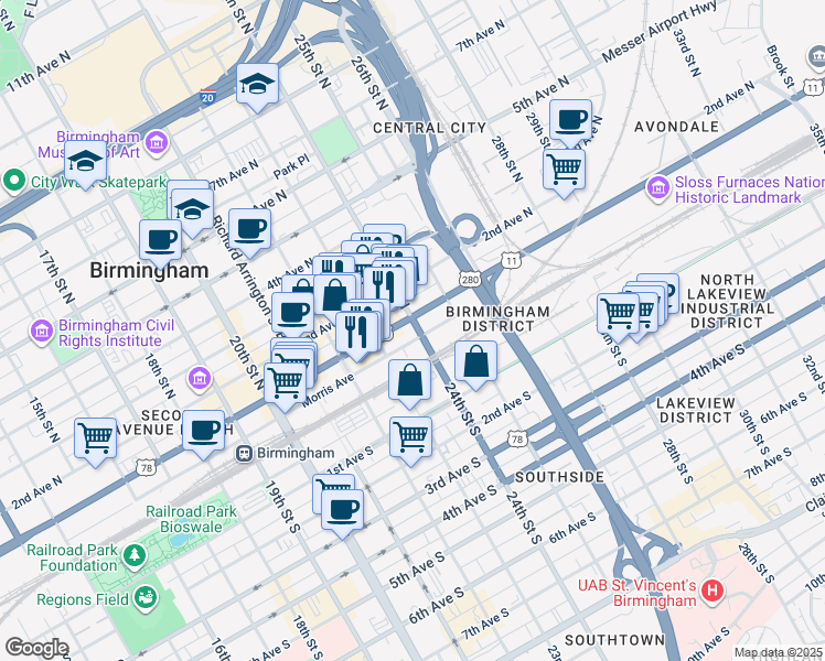 map of restaurants, bars, coffee shops, grocery stores, and more near 2311 Morris Avenue in Birmingham