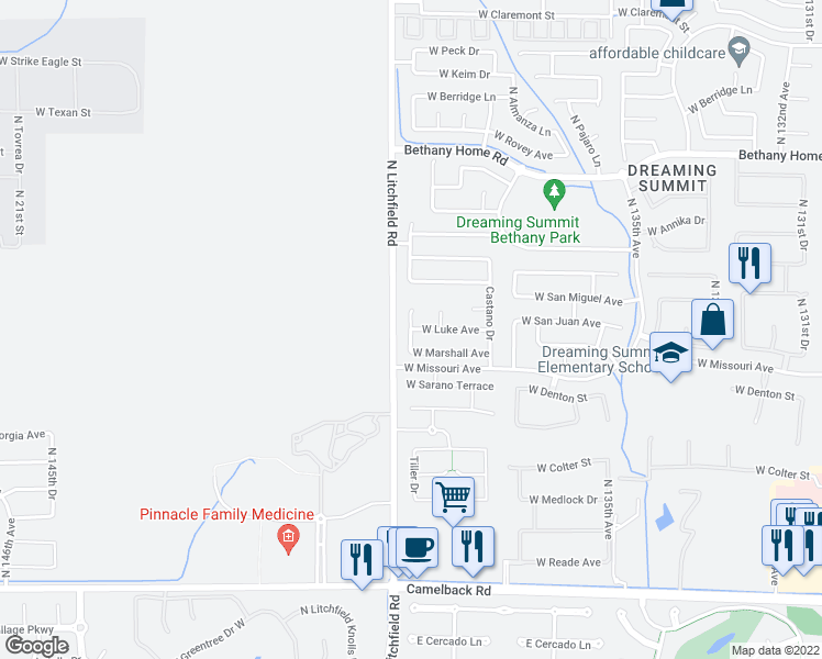 map of restaurants, bars, coffee shops, grocery stores, and more near 18943 West Luke Avenue in Litchfield Park