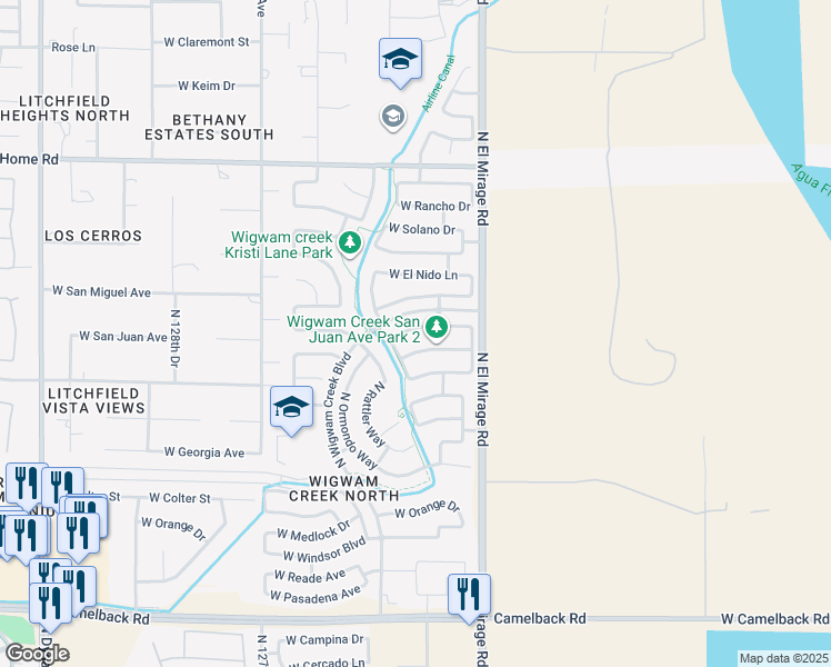 map of restaurants, bars, coffee shops, grocery stores, and more near 12423 West San Juan Avenue in Litchfield Park