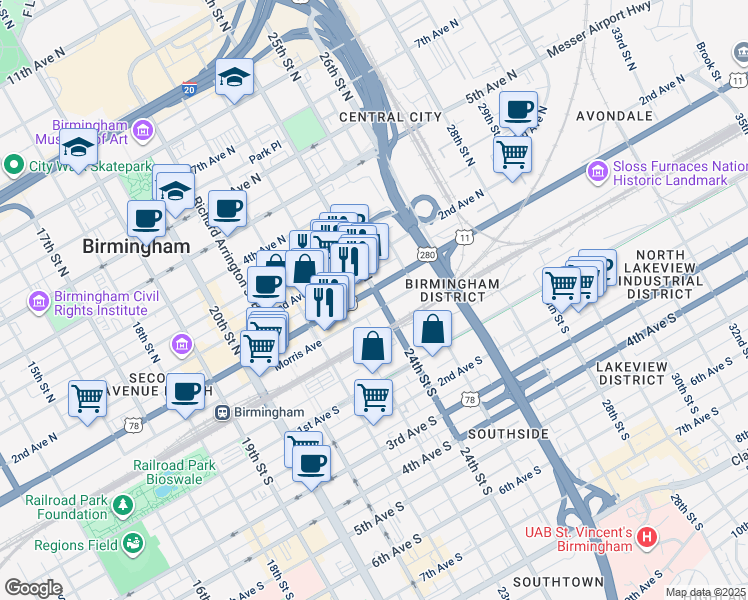 map of restaurants, bars, coffee shops, grocery stores, and more near 2329 1st Avenue North in Birmingham