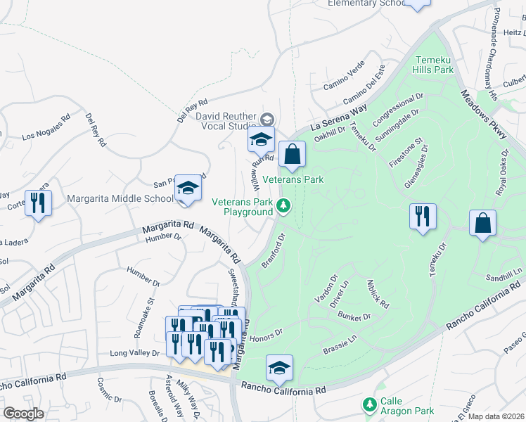map of restaurants, bars, coffee shops, grocery stores, and more near 41572 Willow Run Road in Temecula
