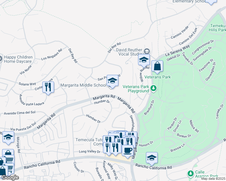 map of restaurants, bars, coffee shops, grocery stores, and more near 30600 Margarita Road in Temecula