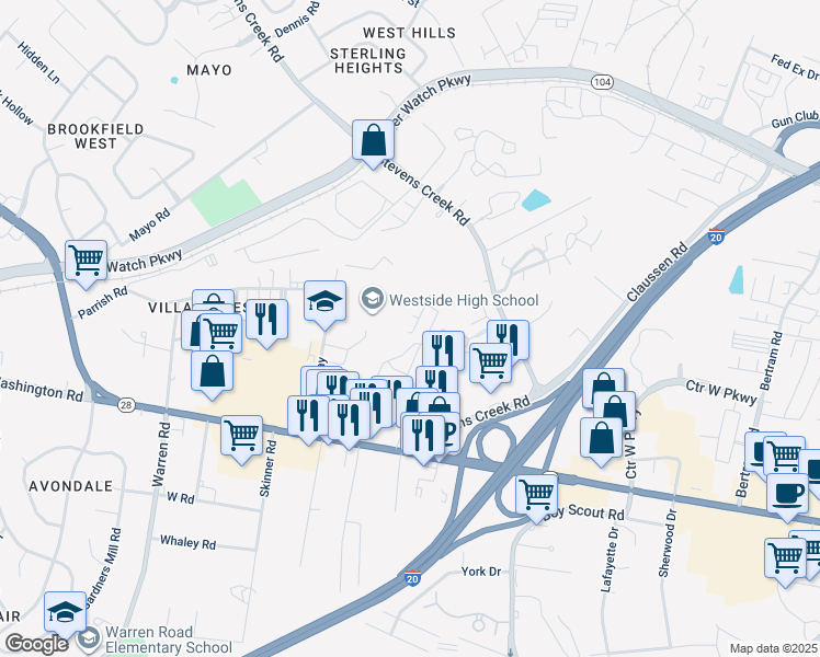map of restaurants, bars, coffee shops, grocery stores, and more near 1226 Kendal Court in Augusta