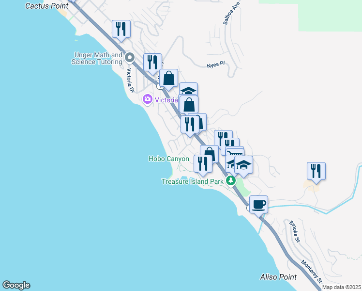 map of restaurants, bars, coffee shops, grocery stores, and more near 88 Blue Lagoon in Laguna Beach