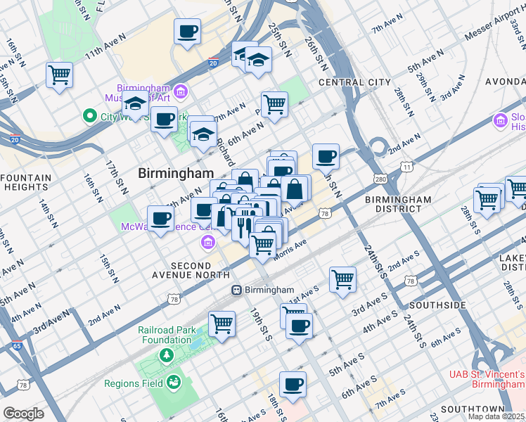 map of restaurants, bars, coffee shops, grocery stores, and more near 2030 2nd Avenue North in Birmingham