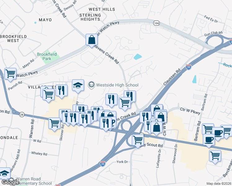 map of restaurants, bars, coffee shops, grocery stores, and more near 2 Macaulay Place in Augusta