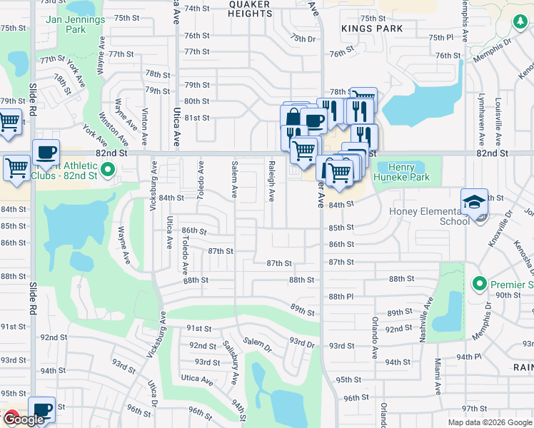 map of restaurants, bars, coffee shops, grocery stores, and more near 8314 Raleigh Avenue in Lubbock