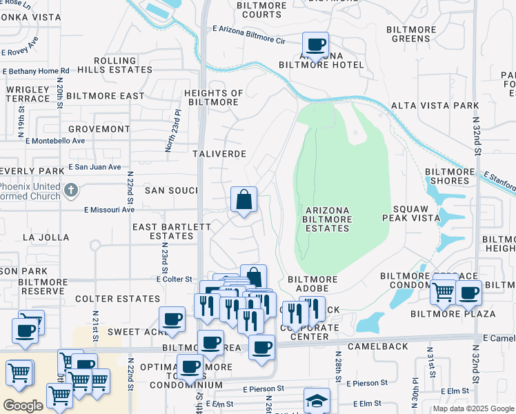map of restaurants, bars, coffee shops, grocery stores, and more near 5339 North 26th Street in Phoenix