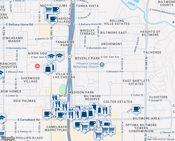 map of restaurants, bars, coffee shops, grocery stores, and more near 1901 East Missouri Avenue in Phoenix