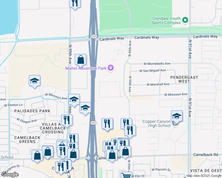 map of restaurants, bars, coffee shops, grocery stores, and more near 5500-5598 North 95th Avenue in Glendale