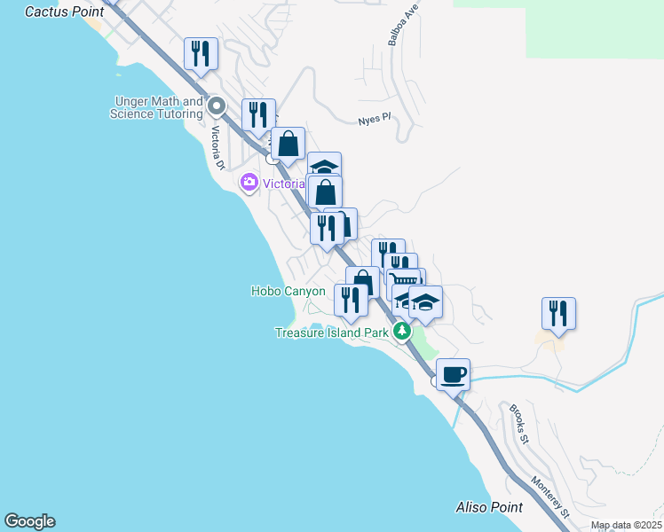 map of restaurants, bars, coffee shops, grocery stores, and more near 23 Catalina Drive in Laguna Beach