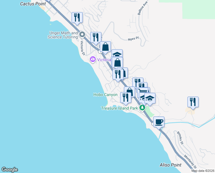 map of restaurants, bars, coffee shops, grocery stores, and more near 88 Blue Lagoon in Laguna Beach