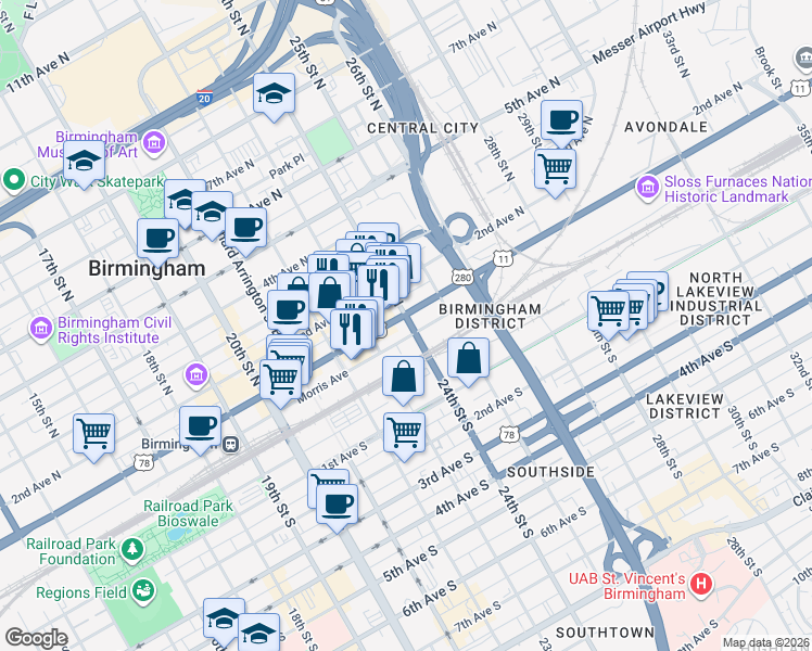 map of restaurants, bars, coffee shops, grocery stores, and more near 2311 Morris Avenue in Birmingham