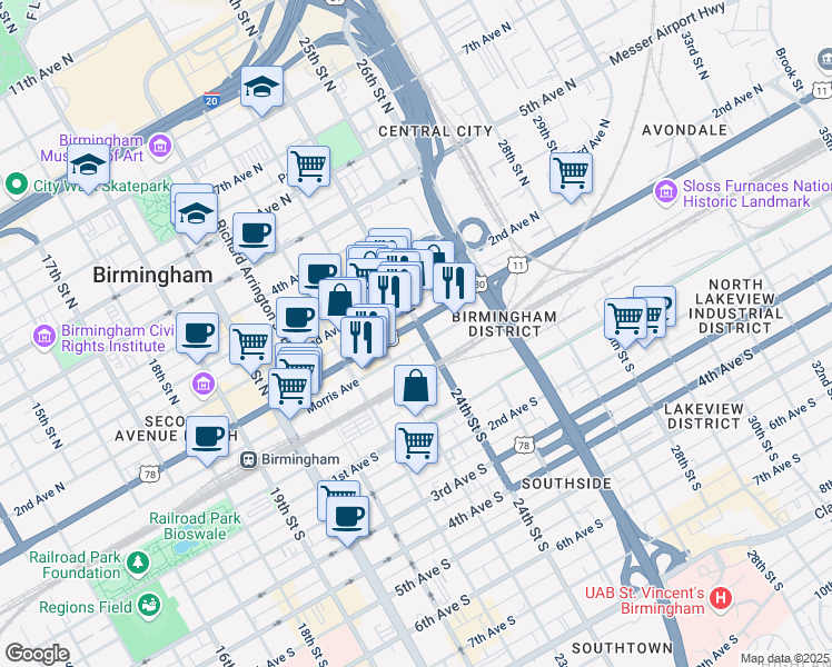 map of restaurants, bars, coffee shops, grocery stores, and more near 2311 Morris Avenue in Birmingham