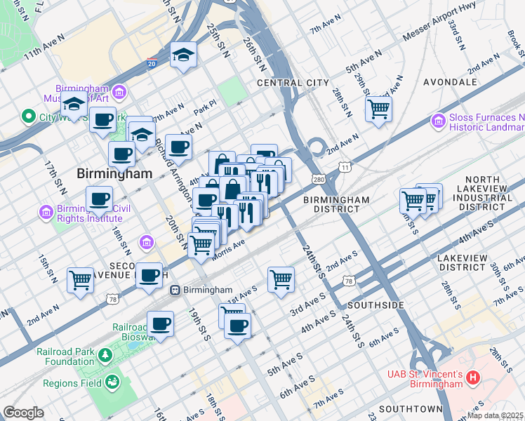 map of restaurants, bars, coffee shops, grocery stores, and more near 2219 1st Avenue North in Birmingham