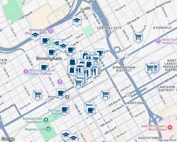 map of restaurants, bars, coffee shops, grocery stores, and more near 2126 1st Avenue North in Birmingham