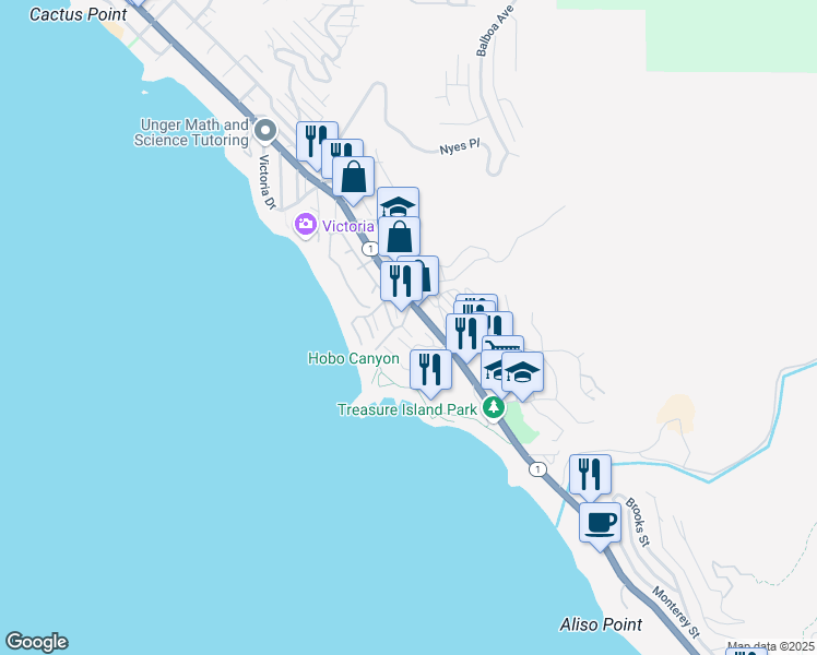 map of restaurants, bars, coffee shops, grocery stores, and more near 20 Blue Lagoon in Laguna Beach