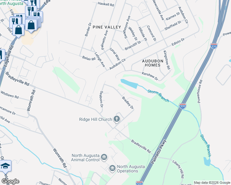 map of restaurants, bars, coffee shops, grocery stores, and more near 523 Bradley Drive in North Augusta