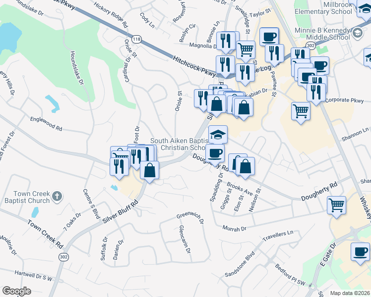 map of restaurants, bars, coffee shops, grocery stores, and more near 601 Silver Bluff Road in Aiken