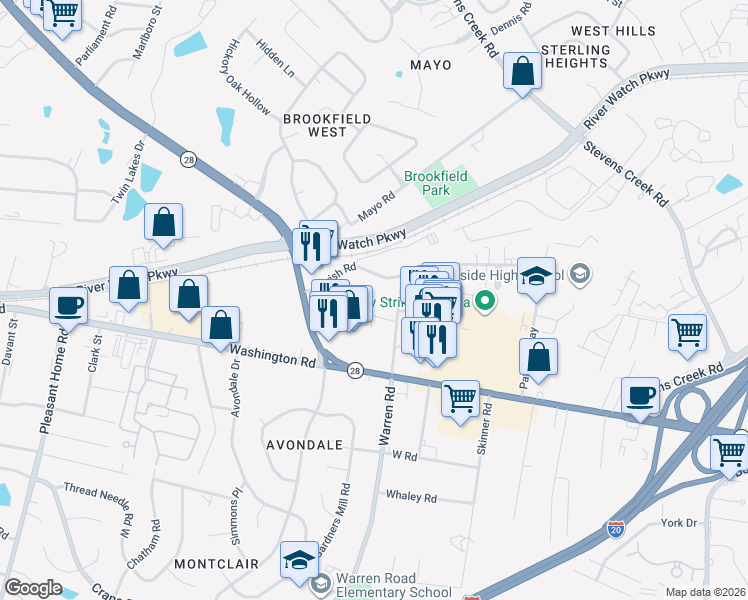map of restaurants, bars, coffee shops, grocery stores, and more near 3120 Village West Drive in Augusta