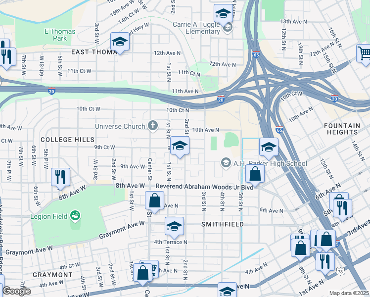 map of restaurants, bars, coffee shops, grocery stores, and more near 952 2nd St N in Birmingham