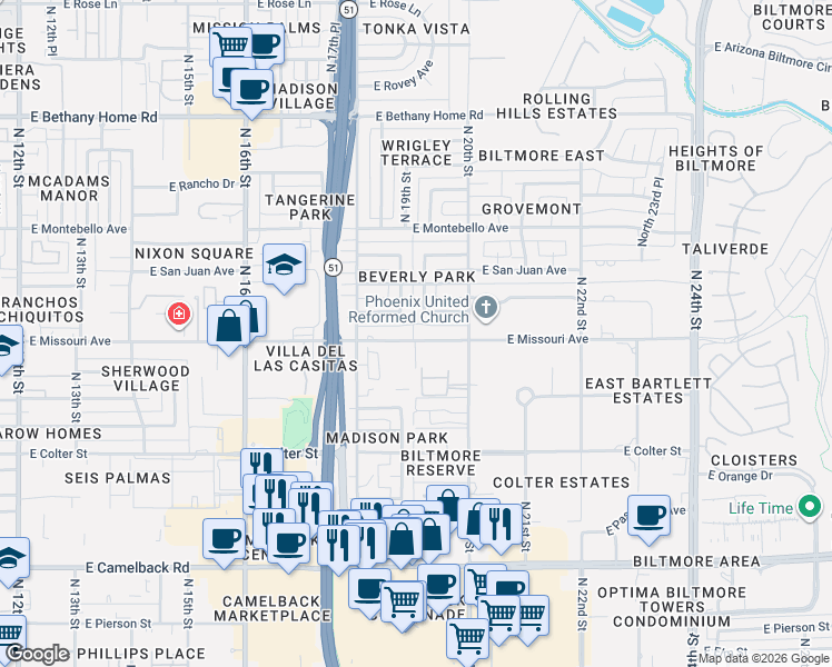 map of restaurants, bars, coffee shops, grocery stores, and more near 1901 East Missouri Avenue in Phoenix