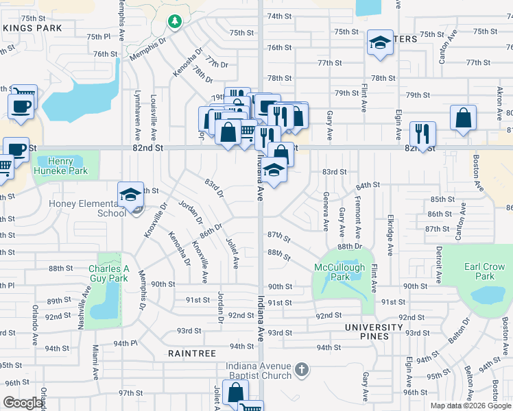 map of restaurants, bars, coffee shops, grocery stores, and more near 3401 85th Street in Lubbock