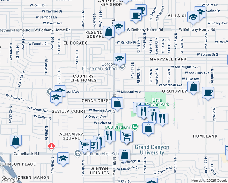 map of restaurants, bars, coffee shops, grocery stores, and more near N 35th Ave & W Missouri Ave in Phoenix
