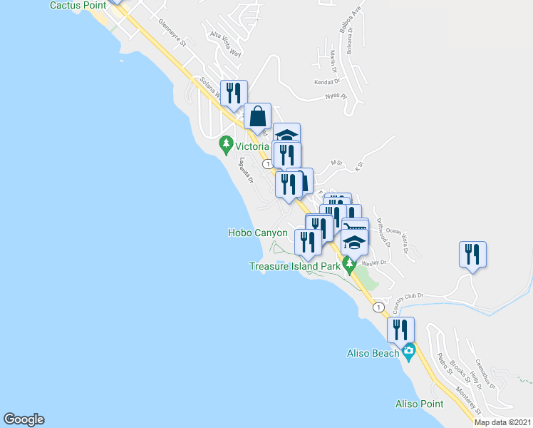 map of restaurants, bars, coffee shops, grocery stores, and more near 108 Blue Lagoon in Laguna Beach