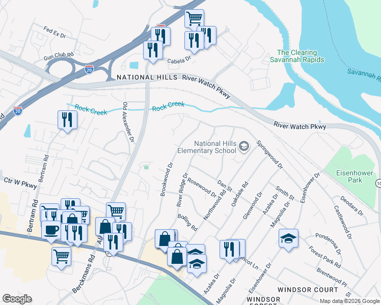 map of restaurants, bars, coffee shops, grocery stores, and more near 1202 River Ridge Drive in Augusta