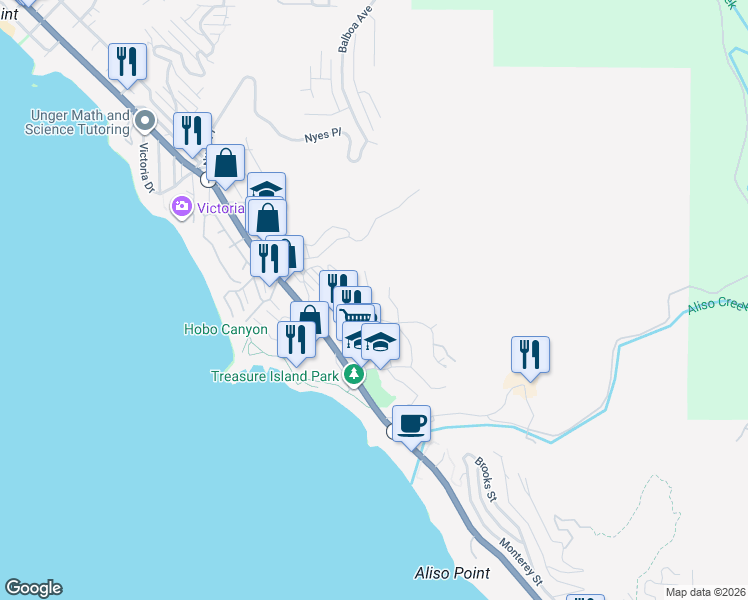 map of restaurants, bars, coffee shops, grocery stores, and more near 30722 Marilyn Drive in Laguna Beach