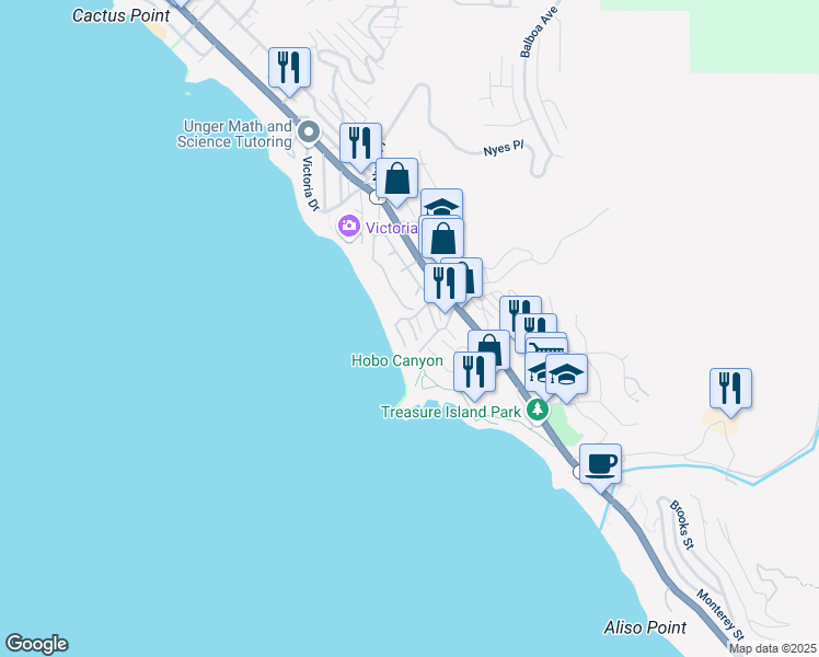 map of restaurants, bars, coffee shops, grocery stores, and more near 108 Blue Lagoon in Laguna Beach
