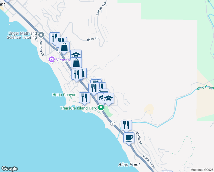 map of restaurants, bars, coffee shops, grocery stores, and more near 30722 Marilyn Drive in Laguna Beach