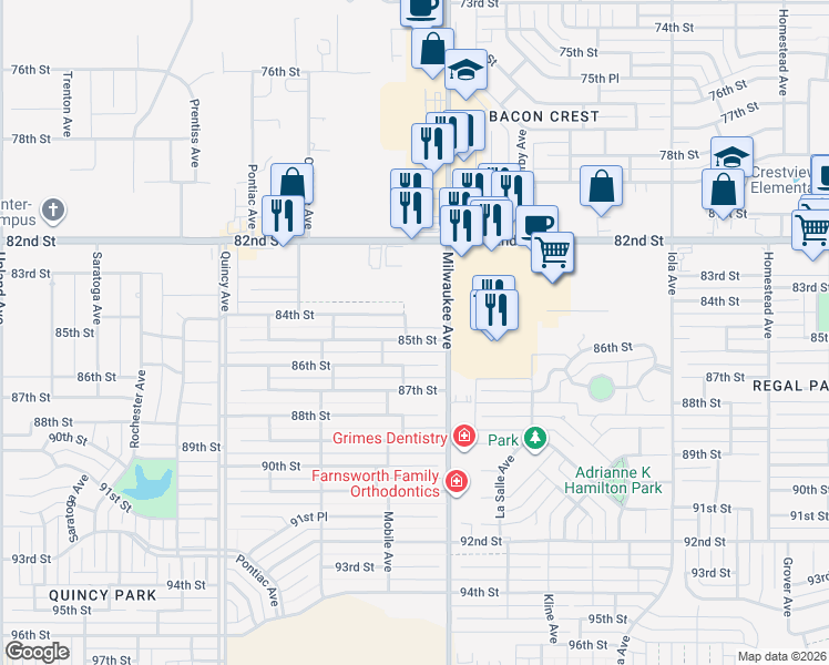 map of restaurants, bars, coffee shops, grocery stores, and more near Mobile Avenue in Lubbock
