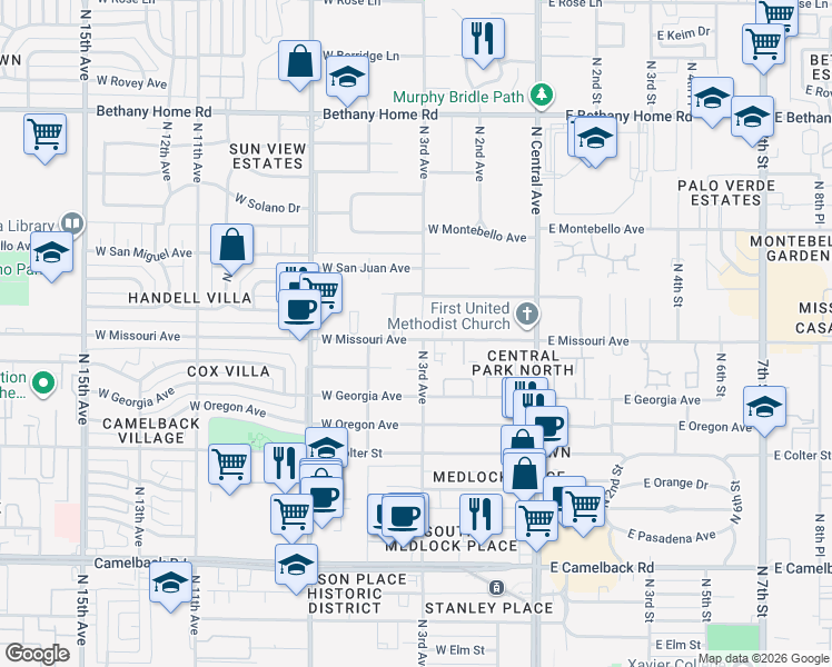 map of restaurants, bars, coffee shops, grocery stores, and more near 240 West Missouri Avenue in Phoenix