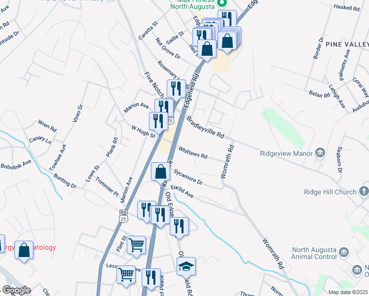 map of restaurants, bars, coffee shops, grocery stores, and more near 311 Whitlaws Road in North Augusta