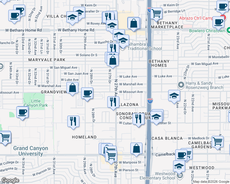 map of restaurants, bars, coffee shops, grocery stores, and more near 5517 North 27th Drive in Phoenix