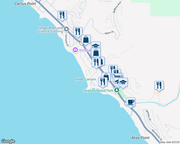 map of restaurants, bars, coffee shops, grocery stores, and more near 69 Blue Lagoon in Laguna Beach