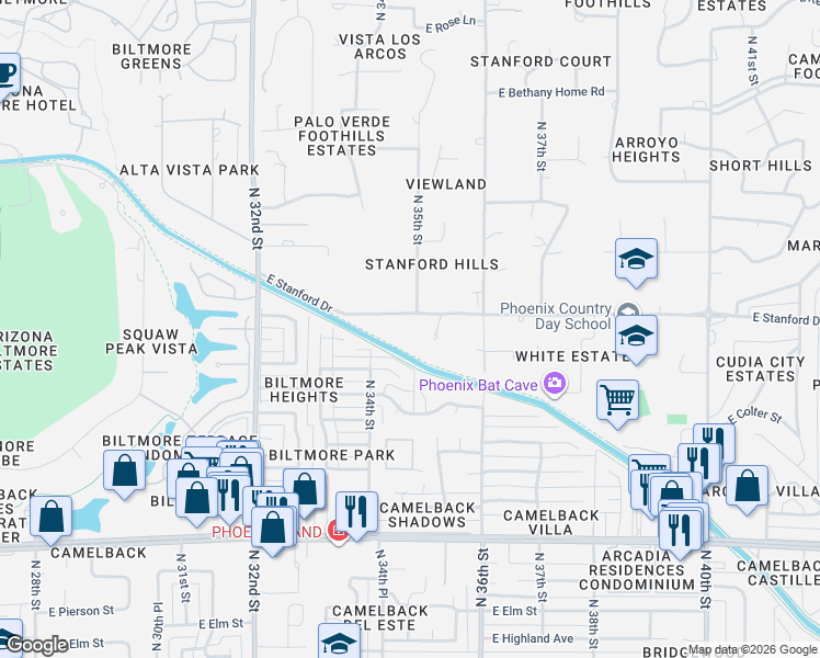 map of restaurants, bars, coffee shops, grocery stores, and more near 5501 North Homestead Lane in Paradise Valley