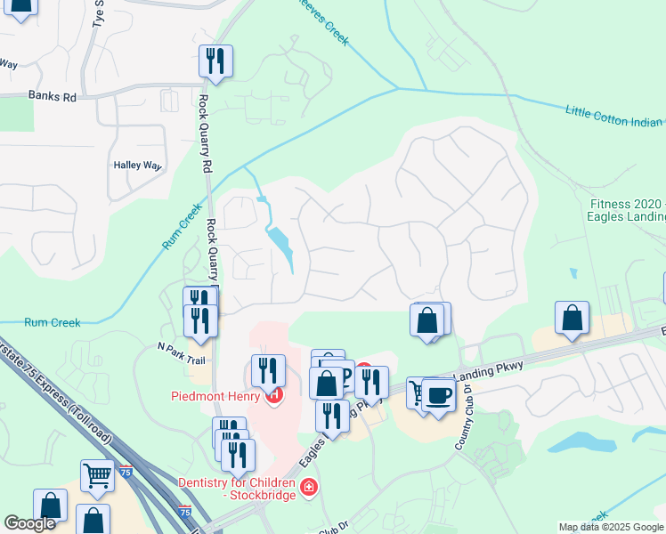 map of restaurants, bars, coffee shops, grocery stores, and more near 134 Windsong Drive in Stockbridge