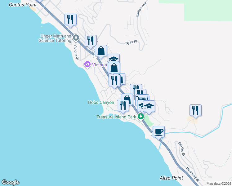 map of restaurants, bars, coffee shops, grocery stores, and more near 22 Blue Lagoon in Laguna Beach