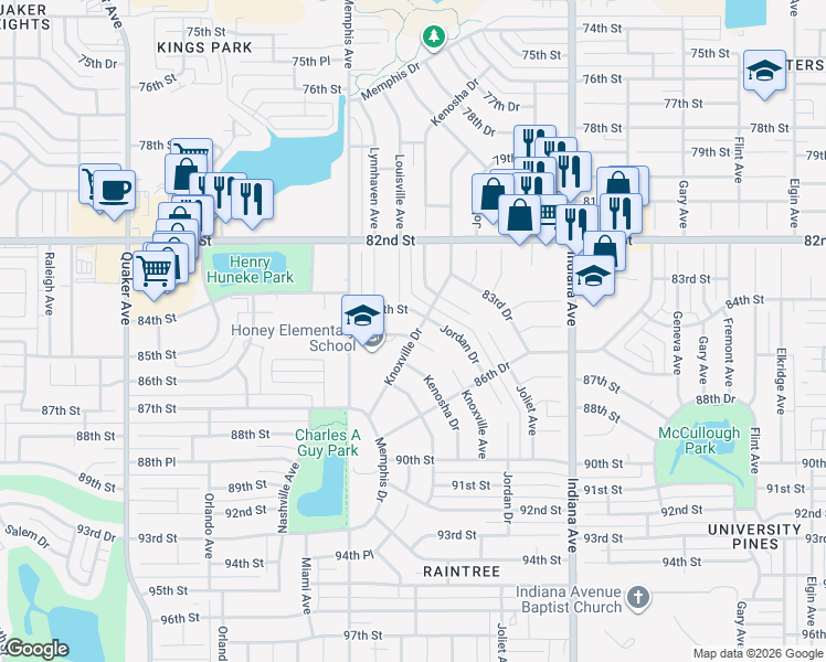 map of restaurants, bars, coffee shops, grocery stores, and more near 3602 85th Street in Lubbock