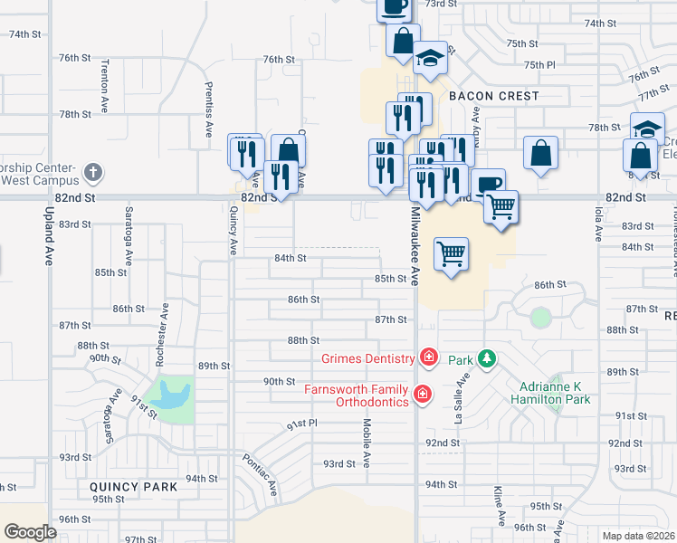 map of restaurants, bars, coffee shops, grocery stores, and more near 6546 84th Street in Lubbock