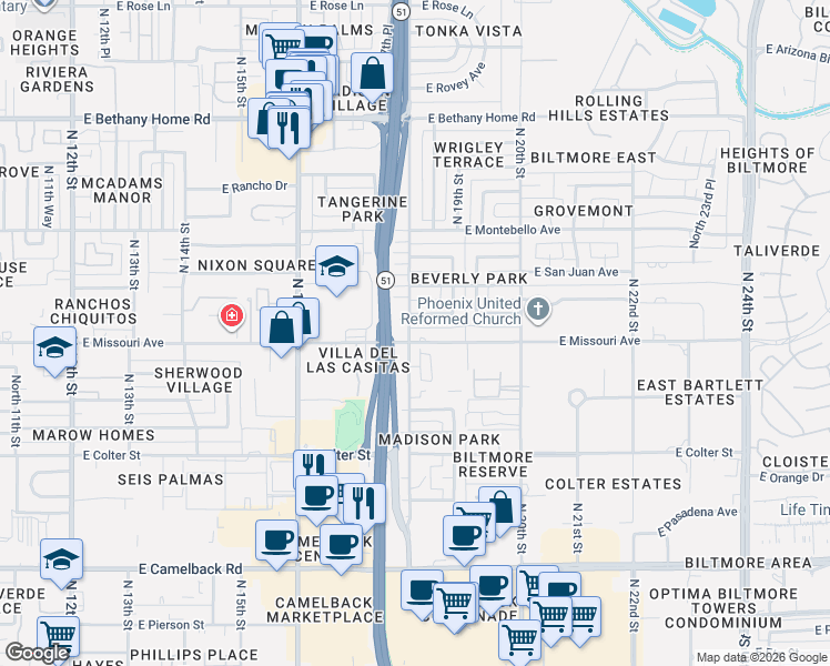 map of restaurants, bars, coffee shops, grocery stores, and more near 1812 East Marshall Avenue in Phoenix
