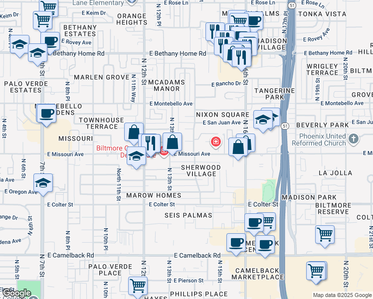 map of restaurants, bars, coffee shops, grocery stores, and more near 1336 East Marshall Avenue in Phoenix
